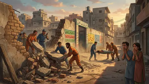 Animated editorial illustration for: 5 killed, 3 injured in Karachi school wall collapse