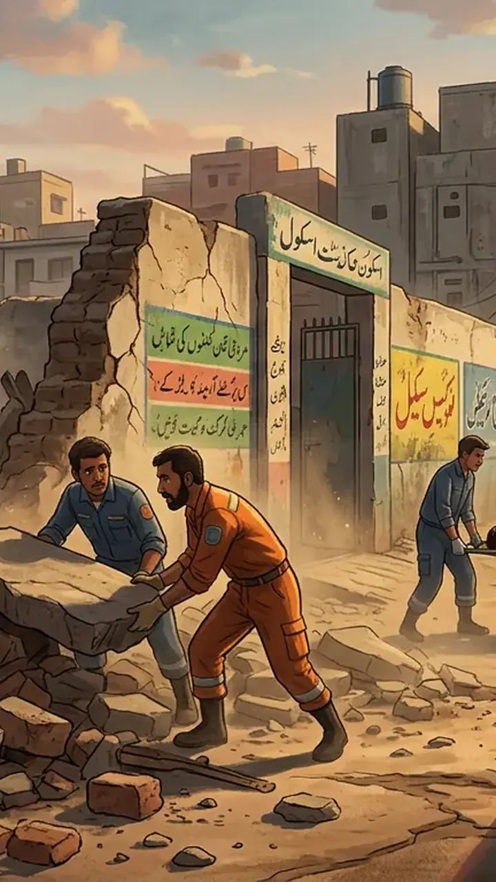 Animated editorial illustration for: 5 killed, 3 injured in Karachi school wall collapse