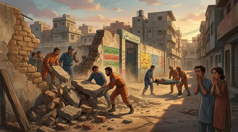 Animated editorial illustration for: 5 killed, 3 injured in Karachi school wall collapse