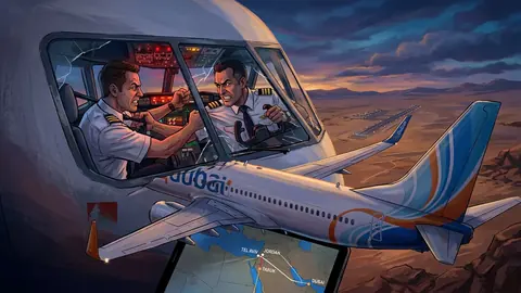 Animated editorial illustration for: Netanyahu Alleges Flydubai Attacker Had Extremist Ideological Training