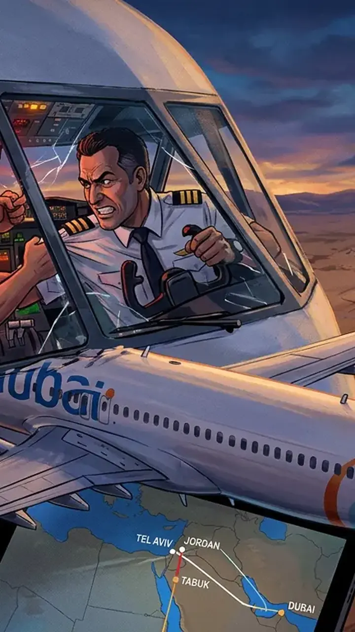 Animated editorial illustration for: Flydubai Flight Transmitted Hijack Code Amid Reported Pilot Brawl