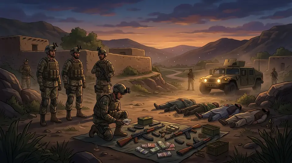 Animated editorial illustration for: Four terrorists killed in intelligence-based operation in Dera Ismail Khan