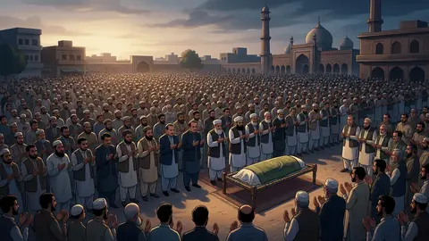 Animated editorial illustration for: PML-N MNA Mahmood Bashir Virk laid to rest in Gujranwala
