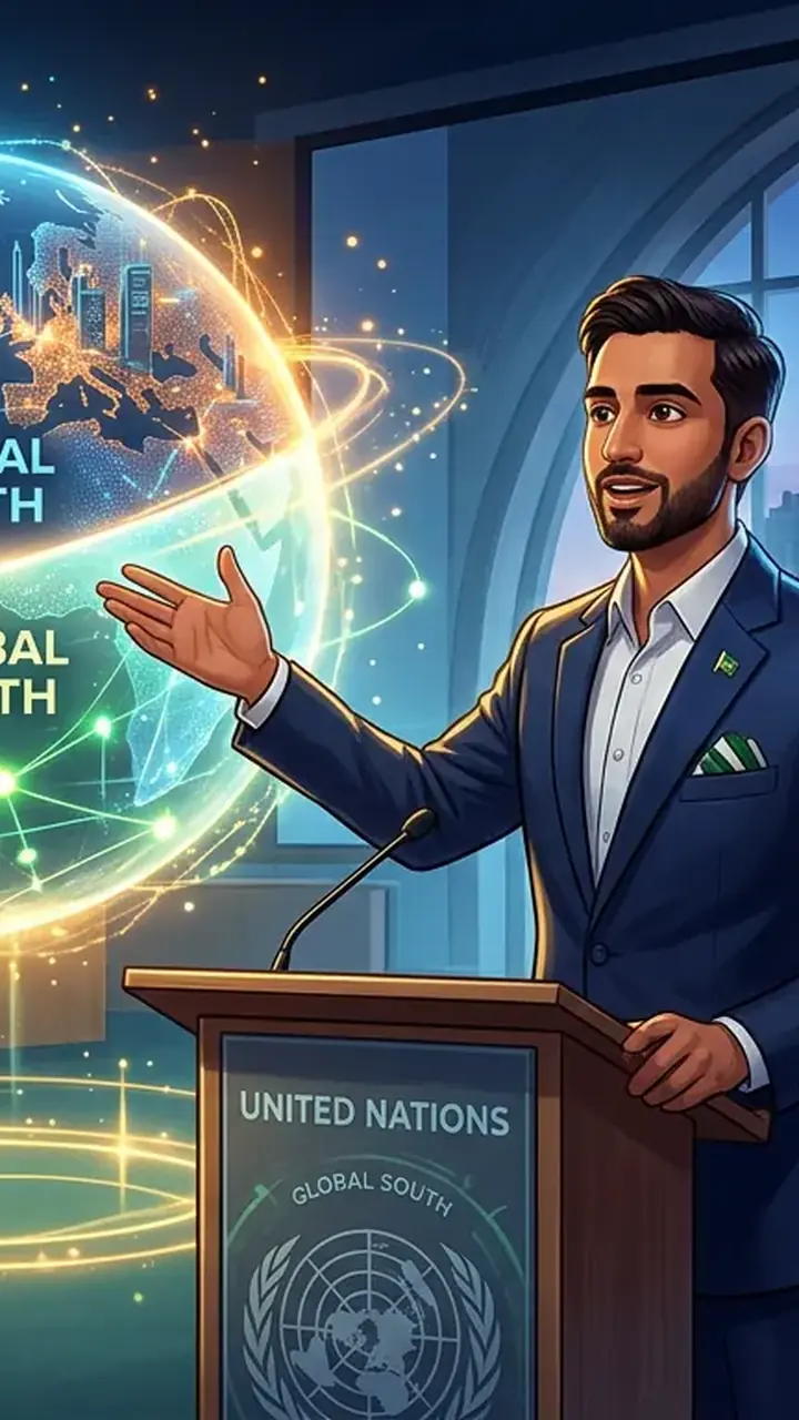 Animated editorial illustration for: Global South must be part of tech decision-making, says Bilal Bin Saqib