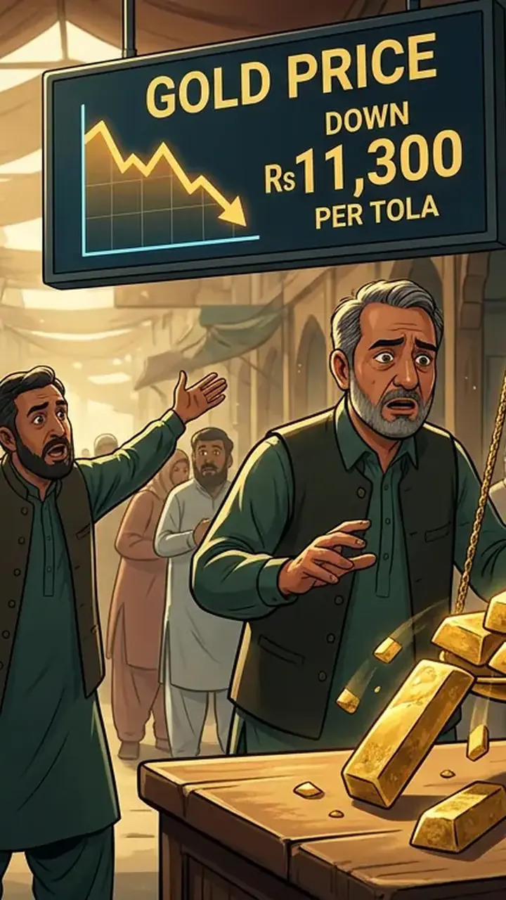 Animated editorial illustration for: Gold price drops by Rs 11,300 per tola in Pakistan