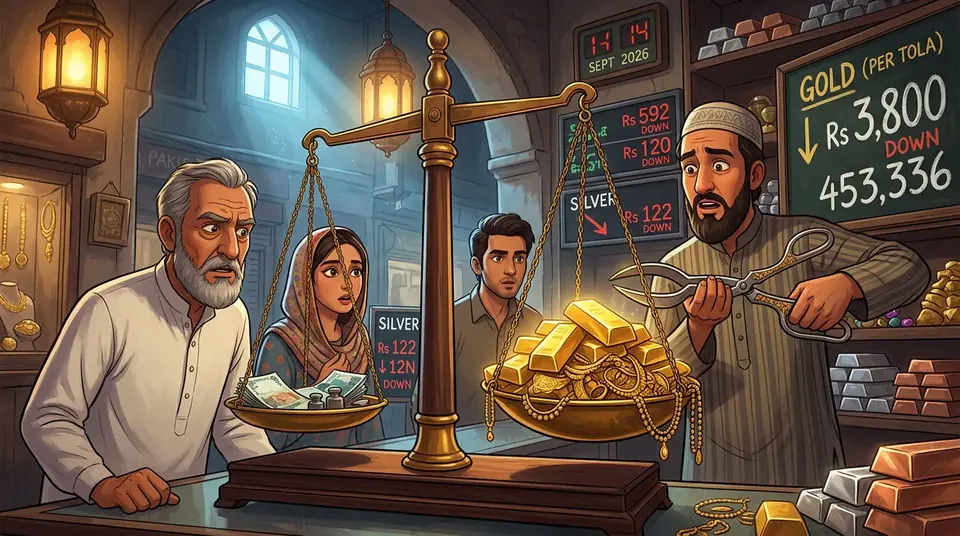 Animated editorial illustration for: Gold Price in Pakistan Drops by Rs 3,800 Per Tola