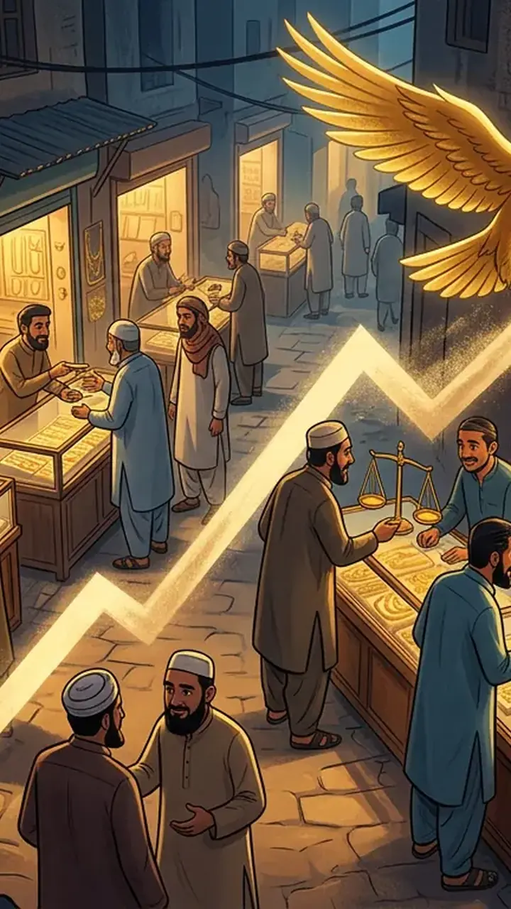 Animated editorial illustration for: Gold price rebounds in Pakistan, rising Rs 4,300 per tola