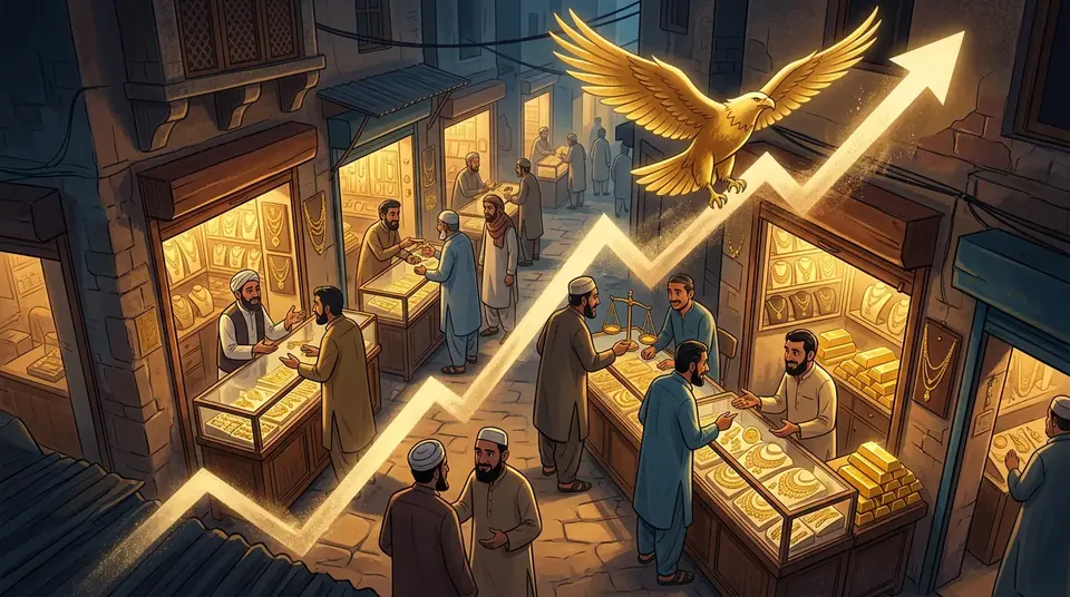 Animated editorial illustration for: Gold price rebounds in Pakistan, rising Rs 4,300 per tola