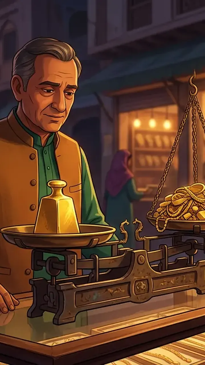 Animated editorial illustration for: Gold Price Down Rs 13,600 Per Tola in Two Days