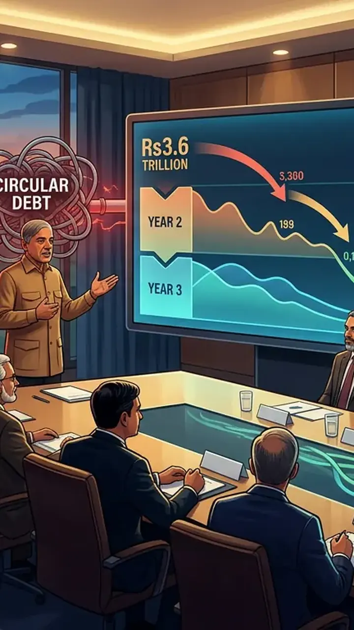 Animated editorial illustration for: Government unveils three-year plan to clear Rs3.6 trillion gas circular debt