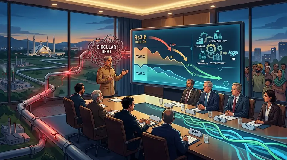 Animated editorial illustration for: Government unveils three-year plan to clear Rs3.6 trillion gas circular debt