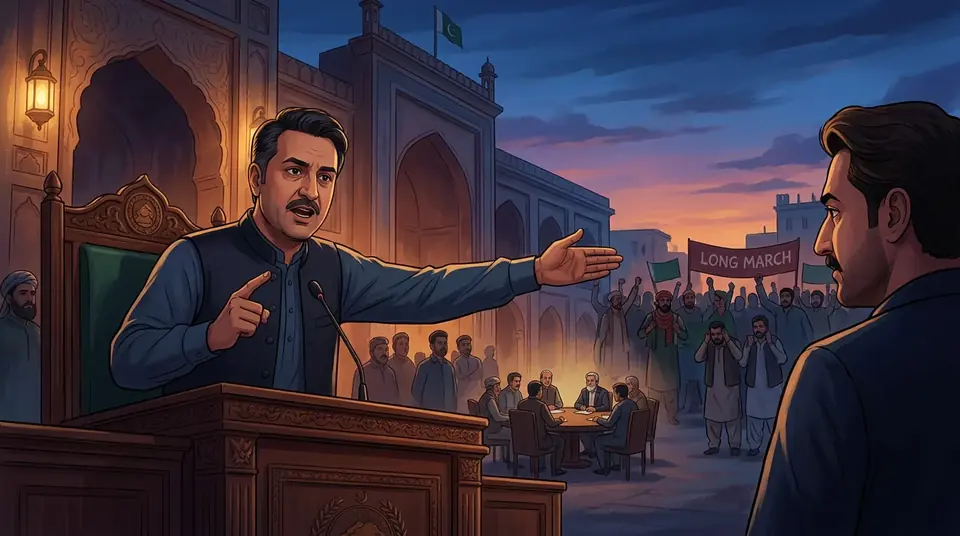 Animated editorial illustration for: Governor KP Says CM Sohail Afridi Should Resign if Minister Arrested