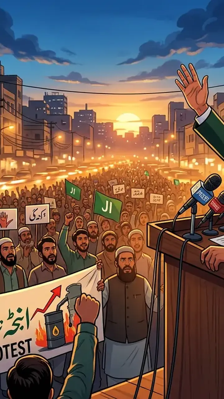 Animated editorial illustration for: Jamaat-e-Islami sets up 25 protest camps across Karachi