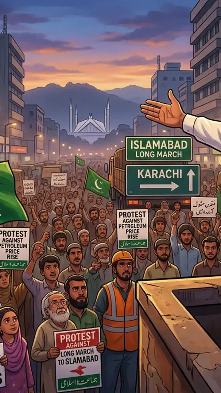 Animated editorial illustration for: Hafiz Naeem ur Rehman threatens Islamabad march over petroleum prices