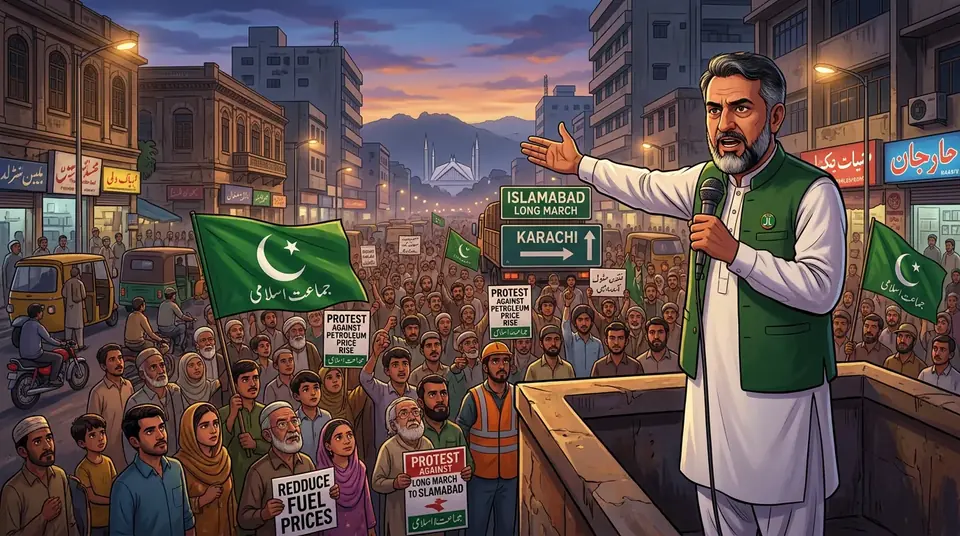 Animated editorial illustration for: Hafiz Naeem ur Rehman threatens Islamabad march over petroleum prices