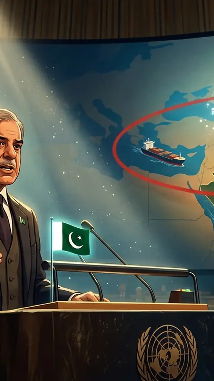 Animated editorial illustration for: Haramain Sharifain Security a ‘Red Line’, PM Shehbaz Tells UNGA