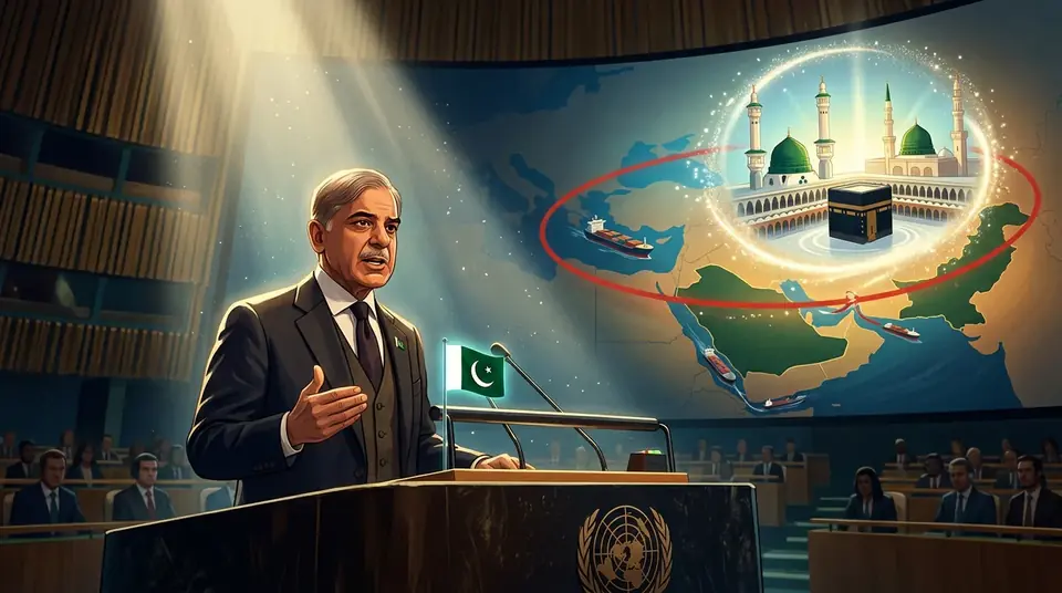 Animated editorial illustration for: Haramain Sharifain Security a ‘Red Line’, PM Shehbaz Tells UNGA