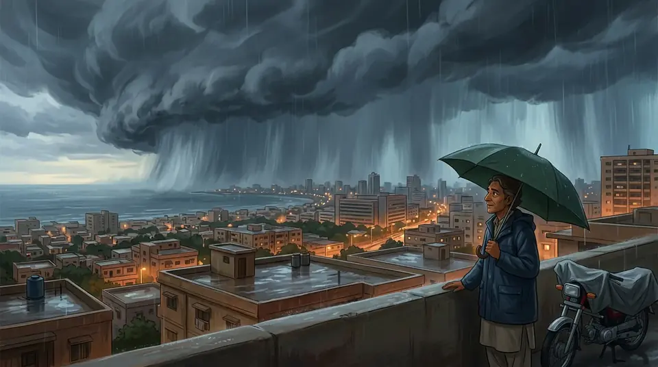 Animated editorial illustration for: Heavy Rain Predicted for Karachi in Coming Days