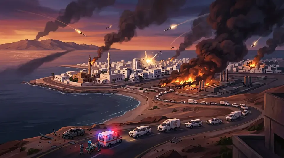 Animated editorial illustration for: Two Injured as Houthi Projectile Strikes Saudi City of Jazan
