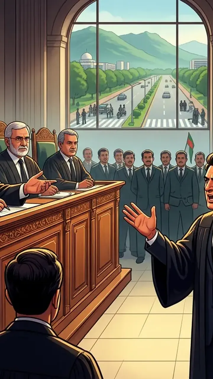 Animated editorial illustration for: IHC Reserves Verdict on Petition Against PTI’s September 27 March