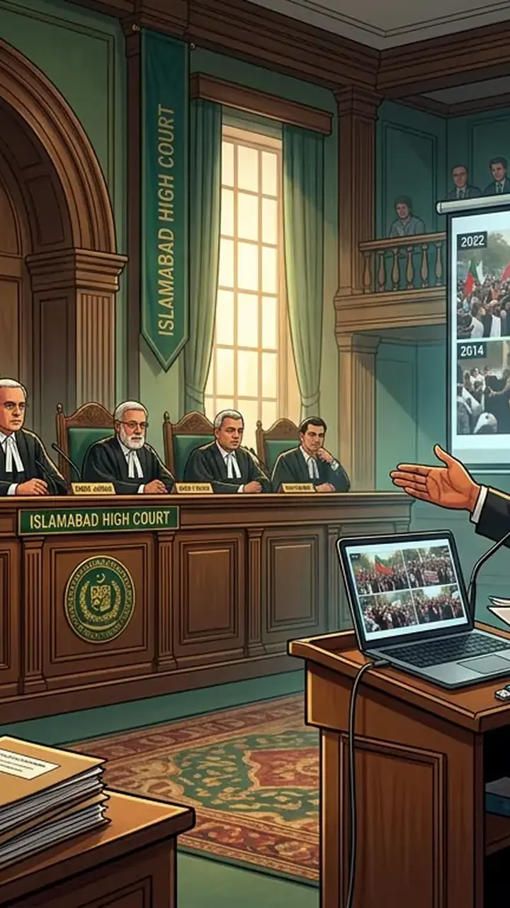 Animated editorial illustration for: IHC Reserves Verdict on Petition Against PTI’s September 27 Protest