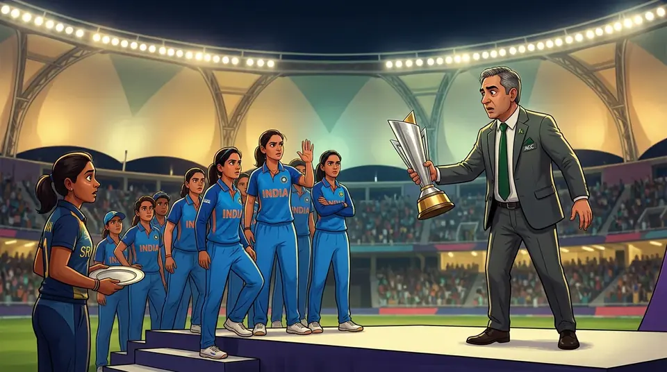 Animated editorial illustration for: India Refuses Asia Cup Trophy as Sri Lanka Accepts Runner-Up Awards
