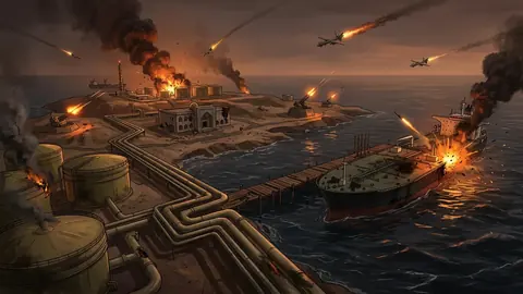Animated editorial illustration for: Iran claims Kharg Island targeted 550 times in US-Israeli attacks