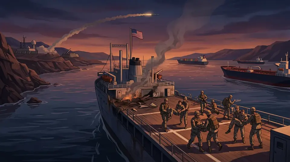 Animated editorial illustration for: Iran Missile Attack Reportedly Injures Eight US Marines in Strait of Hormuz
