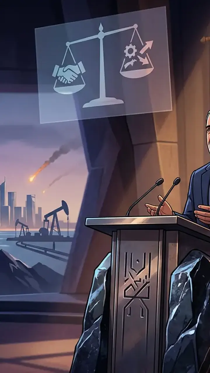 Animated editorial illustration for: Iran not at war with Saudi Arabia, Houthis have own issues: President Pezeshkian