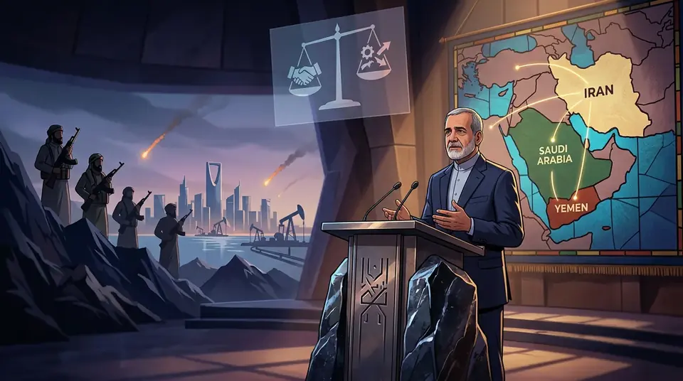 Animated editorial illustration for: Iran not at war with Saudi Arabia, Houthis have own issues: President Pezeshkian