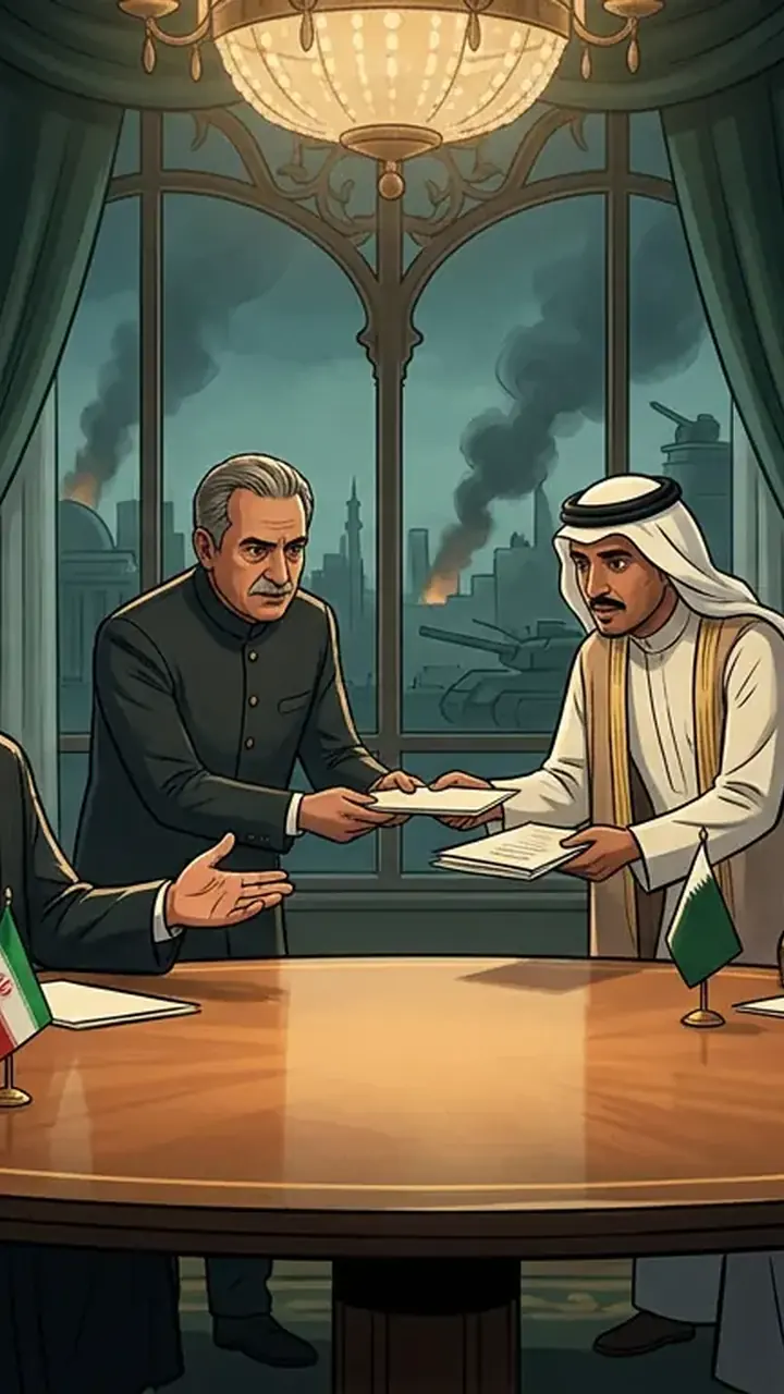 Animated editorial illustration for: Iran Offers Mediation Between Saudi Arabia and Houthis Amid Attacks