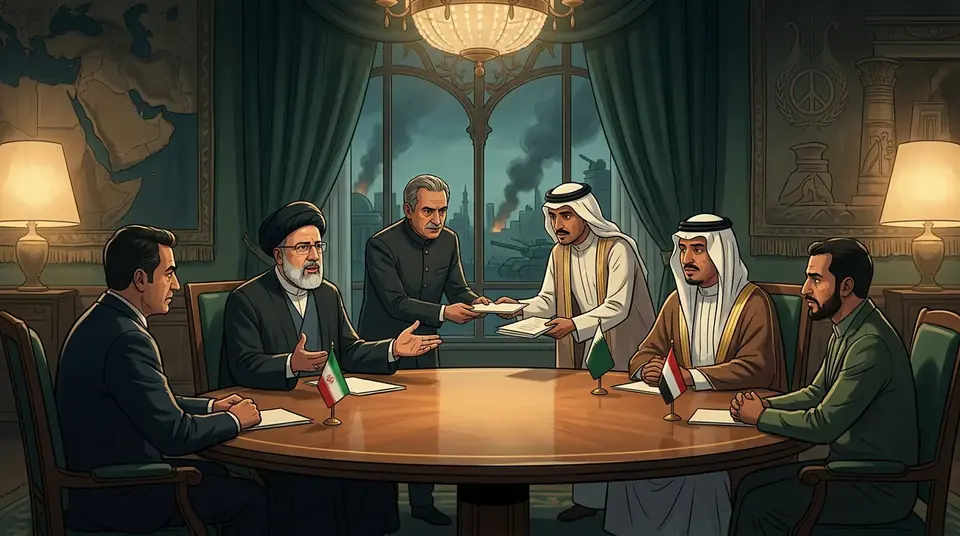 Animated editorial illustration for: Iran Offers Mediation Between Saudi Arabia and Houthis Amid Attacks