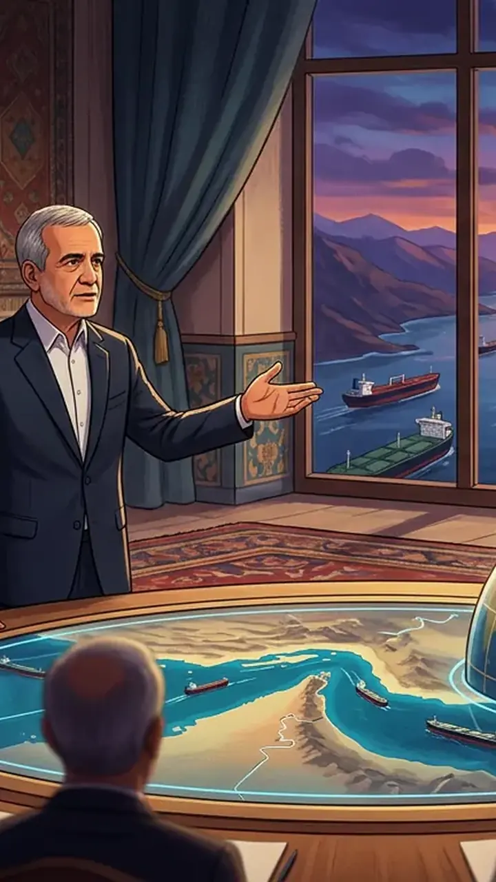 Animated editorial illustration for: Iran Proposes 7-Day Plan to Reopen Hormuz, Resume Talks with US