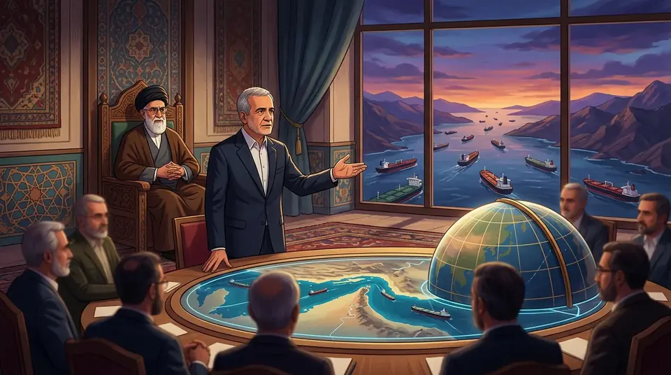 Animated editorial illustration for: Iran presents Hormuz plan at UN Security Council