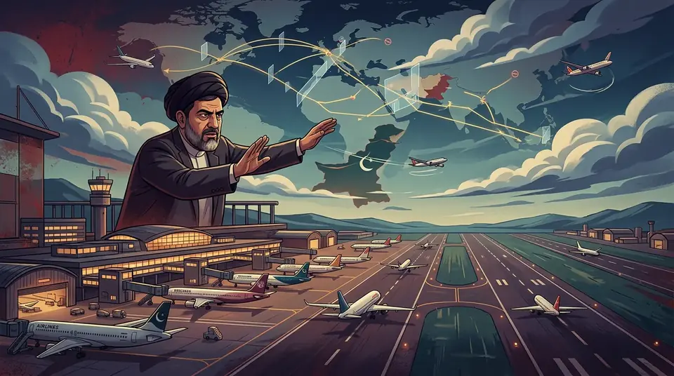 Animated editorial illustration for: Iran warns regional air travel may be disrupted over flight restrictions