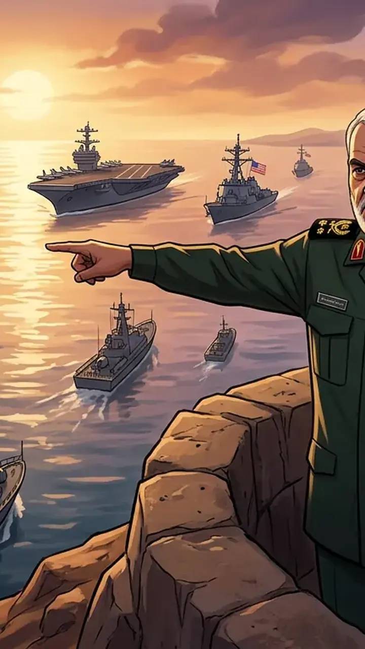 Animated editorial illustration for: Iran warns US of ‘strong response’ to any intervention in Strait of Hormuz