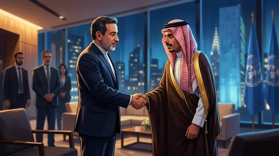 Animated editorial illustration for: Iranian and Saudi Foreign Ministers Meet on UNGA Sidelines in New York
