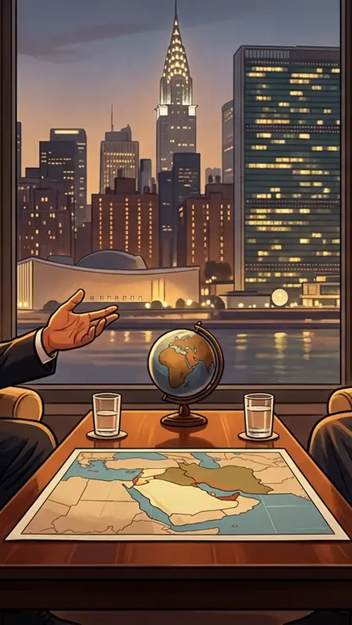 Animated editorial illustration for: Iranian President, Qatari PM Discuss Regional De-escalation in New York
