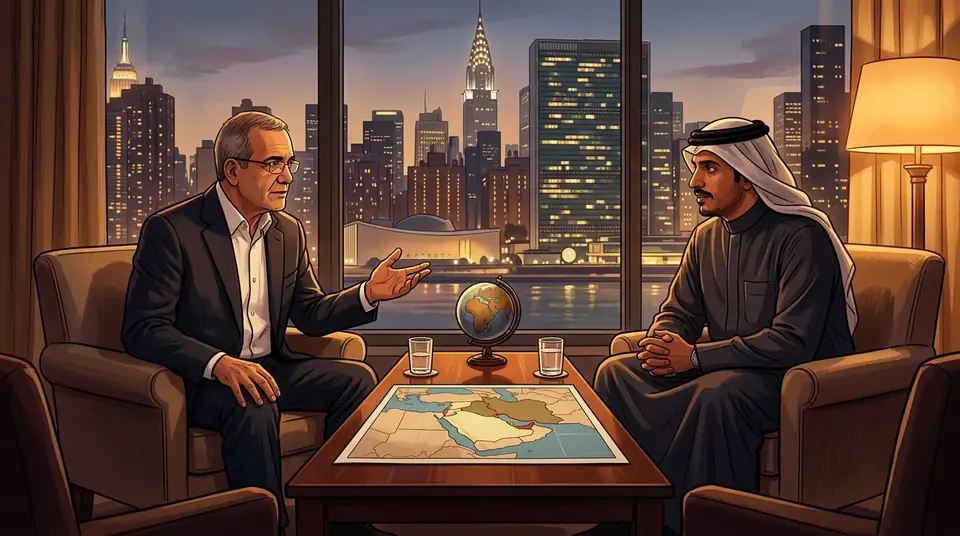 Animated editorial illustration for: Iranian President, Qatari PM Discuss Regional De-escalation in New York