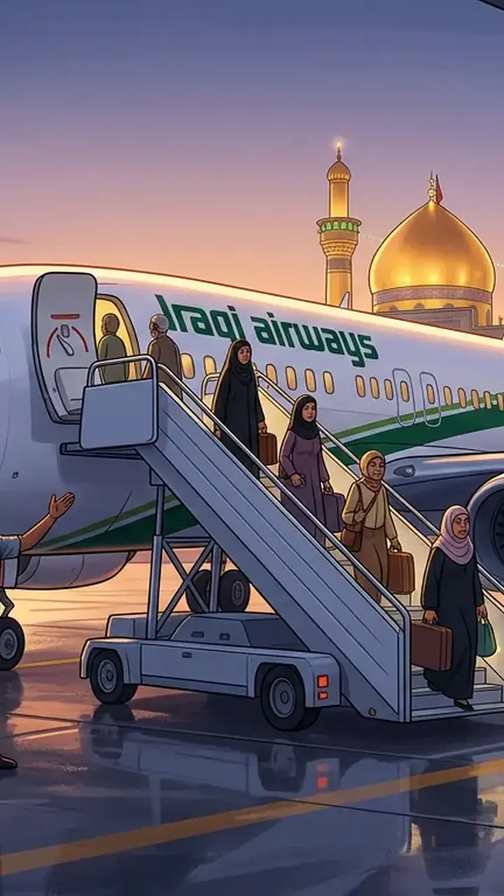 Animated editorial illustration for: Iraqi Airlines resumes flights between Najaf and Iranian airports