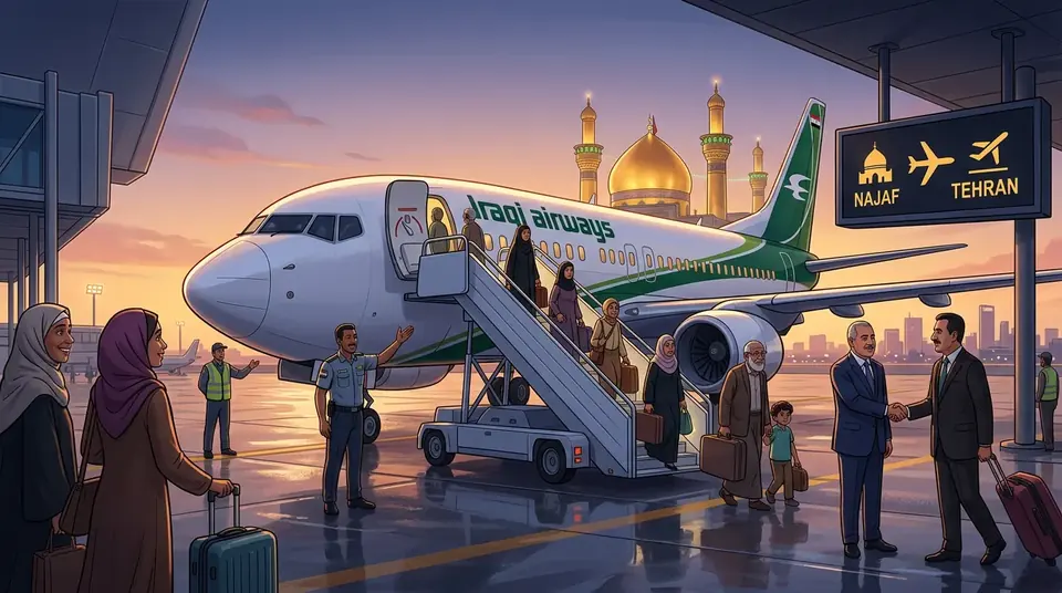 Animated editorial illustration for: Iraqi Airlines resumes flights between Najaf and Iranian airports