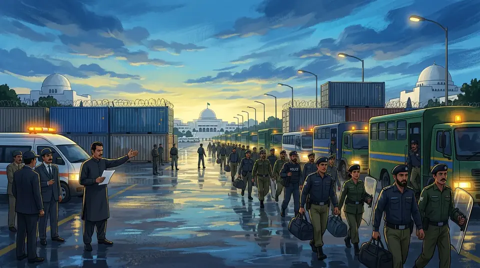 Animated editorial illustration for: Islamabad requests 23,500 police from provinces for security