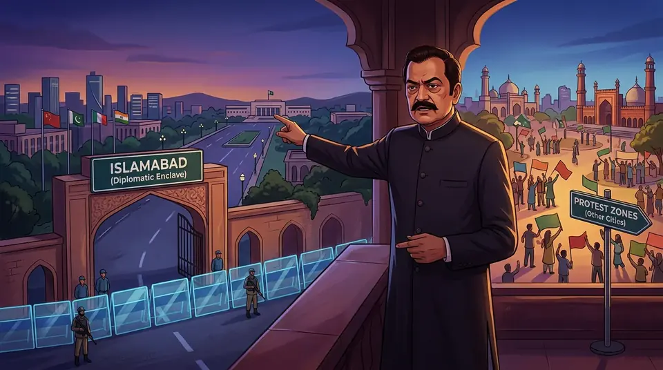 Animated editorial illustration for: Islamabad should be off-limits for protests, says Rana Sanaullah