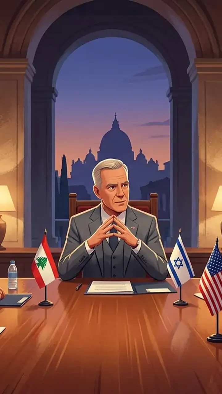 Animated editorial illustration for: Israel and Lebanon to Hold US-Mediated Security Talks in Rome