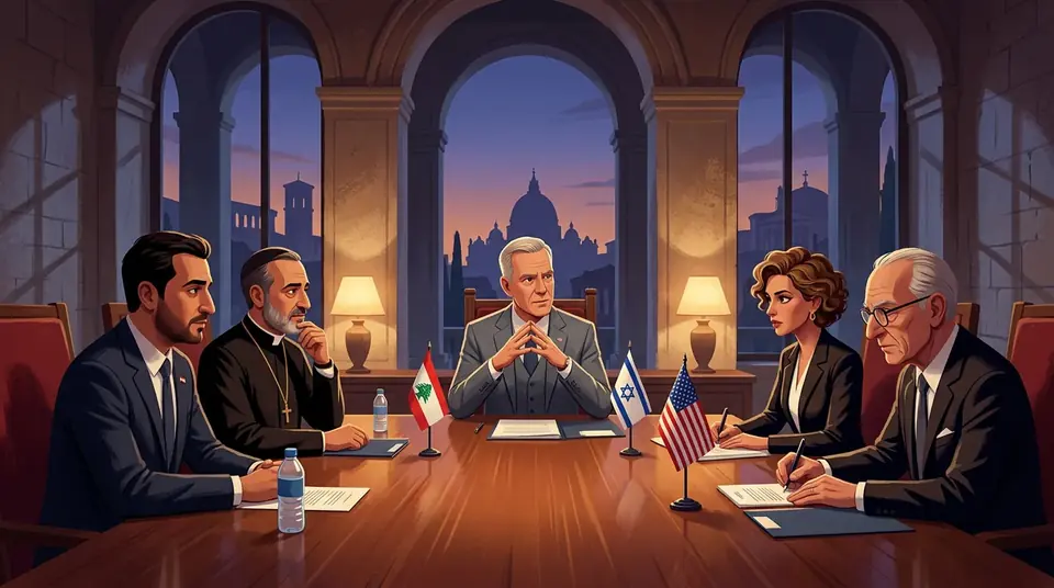 Animated editorial illustration for: Israel and Lebanon to Hold US-Mediated Security Talks in Rome
