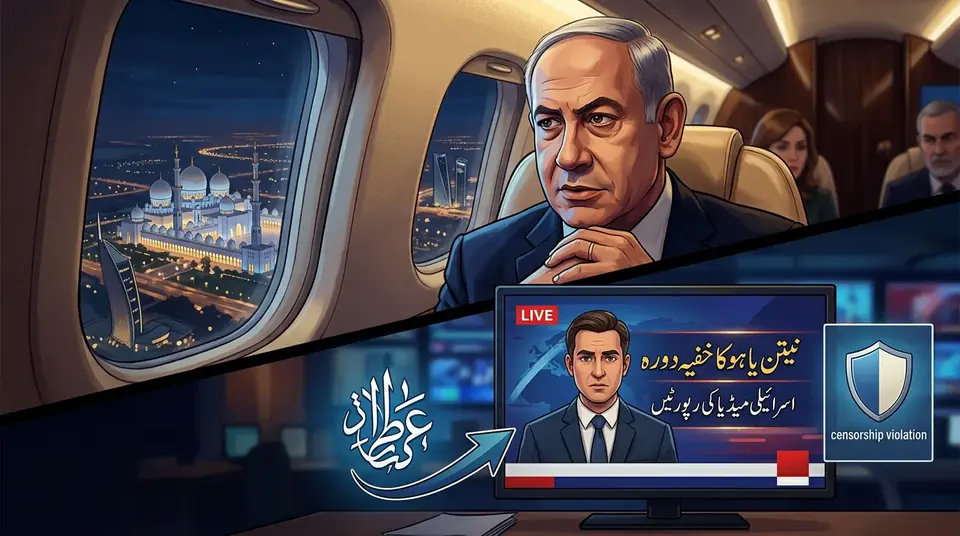 Animated editorial illustration for: Israel Files Complaint Over Media Report on Netanyahu’s Secret UAE Visit