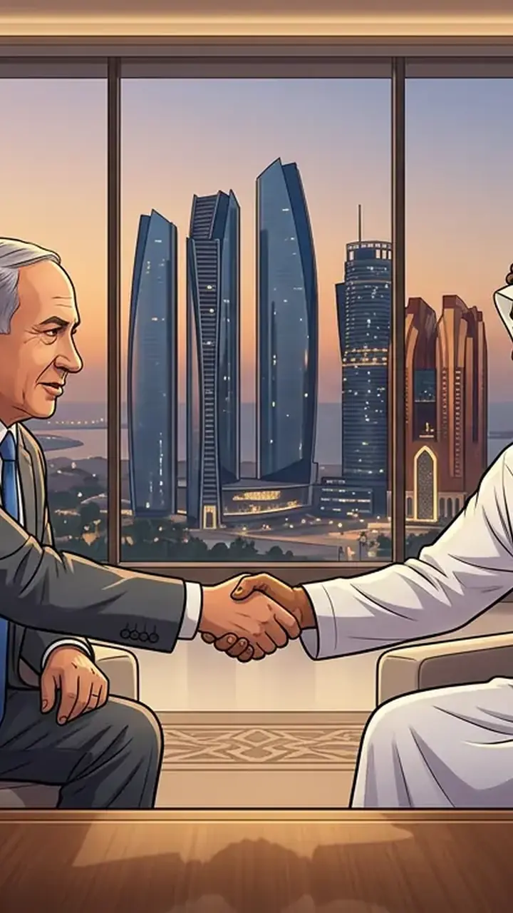 Animated editorial illustration for: Israeli PM Netanyahu Meets UAE President to Strengthen Bilateral Ties