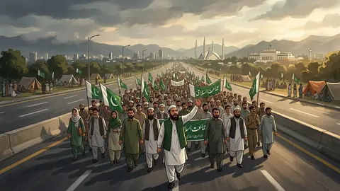 Animated editorial illustration for: Hafiz Naeem welcomes PTI support, calls for broad participation in Islamabad march