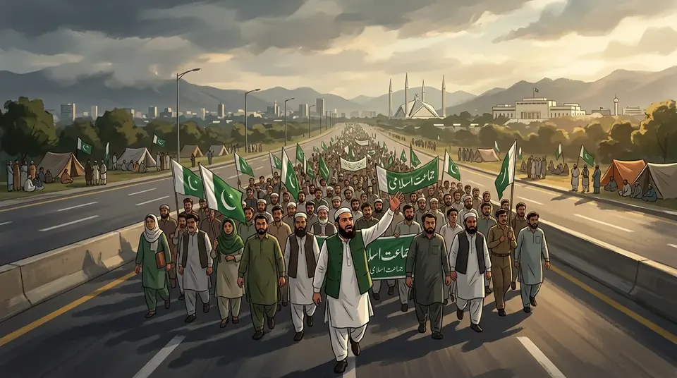 Animated editorial illustration for: PTI backs Jamaat-e-Islami’s Islamabad march against petroleum levy