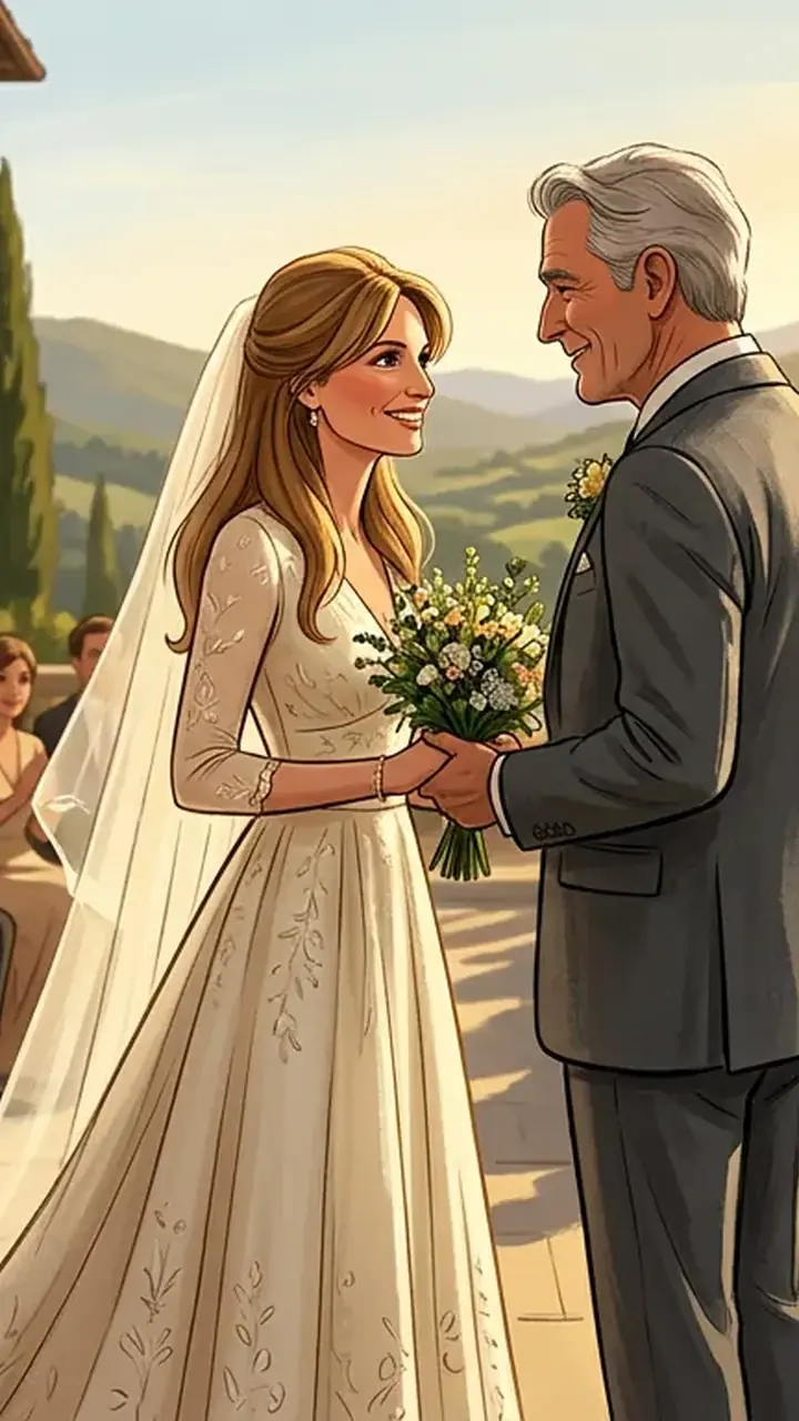Animated editorial illustration for: Jemima Goldsmith reportedly remarries Irish businessman Cameron Orly